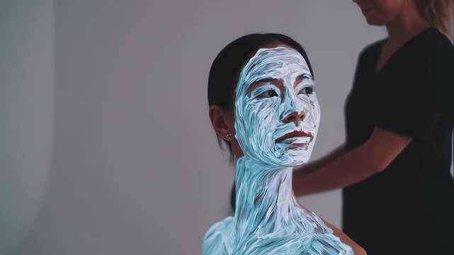A captivating young woman with intricate white and blue body paint covering her face and upper body poses in a modern studio, highlighted by artistic lighting.