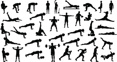 Fitness workout silhouette set, diverse exercise poses, weightlifting, push-ups, lunges, planks, bodyweight training, vector illustration for gym, health, and wellness themes