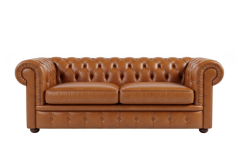 Classic brown leather chesterfield loveseat isolated on transparent background