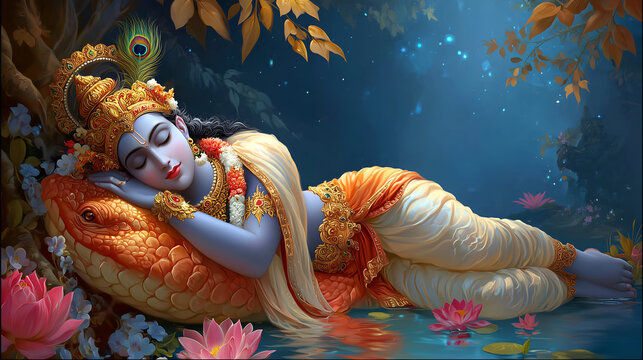 Lord Krishna in divine slumber on the serpent Shesha