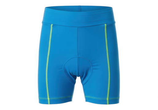 Bright blue athletic shorts with yellow trim isolated on transparent background