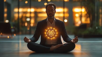 Modern man in minimalist office, sacred geometry overlay, serene posture, glowing lines, spiritual awareness in corporate daily work setting