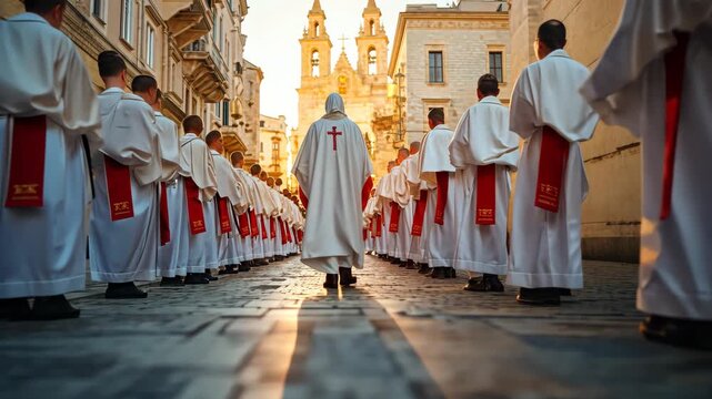 Procession of clergy in traditional robes walking towards historic cathedral at sunset