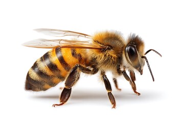 Honey bee pacing on clear white backdrop  
