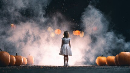 Young caucasian girl in white dress among glowing pumpkins and fog at night