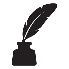Classic Writing Feather and Ink Pot Vector Silhouette