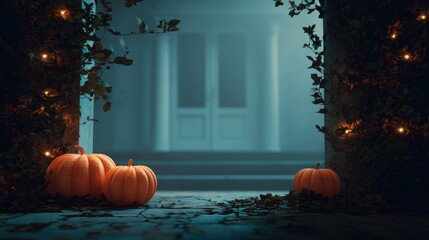 Mysterious halloween scene with pumpkins and twinkling lights in enchanted garden