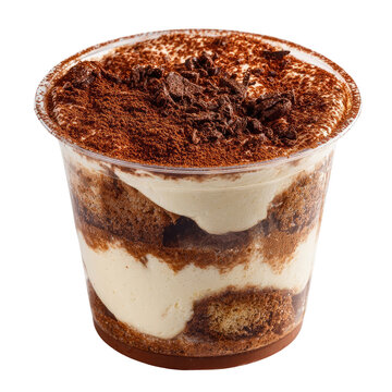 Individual tiramisu dessert in clear plastic cup