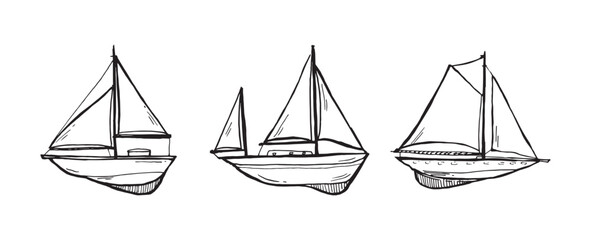 Whimsical sketch of sailing ships with sails. Ideal for nautical designs, childrens books, invitations, and vintage marine decor.