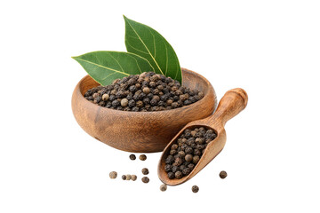 black peppercorns in wooden bowl and scoop isolated on transparent background