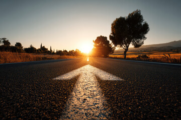 Obraz premium Road to the horizon: An arrow guides onward, towards the bright future sunset on the open road. Travel.