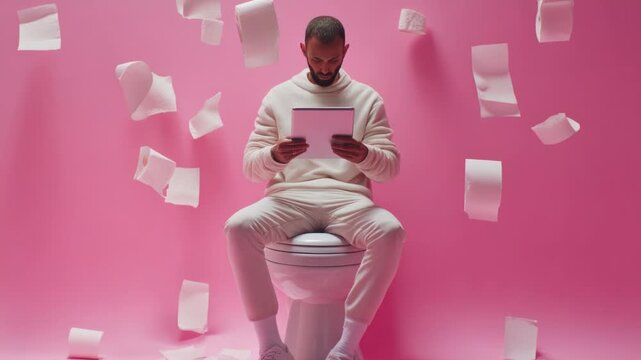 A person sits on the toilet and uses their mobile device