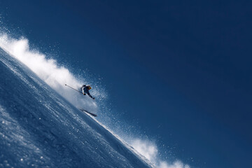 Fototapeta premium Extreme skier descends snow-covered slope at speed with bright blue sky. Winter sport and outdoor recreation.