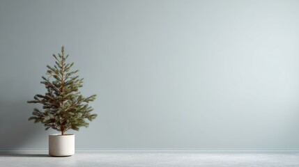 Minimalist pine tree in white planter against grey wall