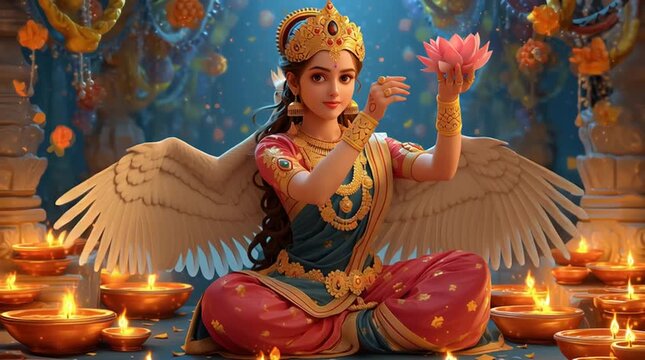 Celestial angelic Apsara celebrating the Diwali festival with lotus and oil lamps