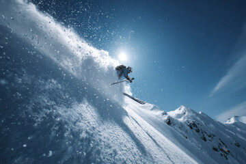 Extreme skier jumping high in a powder snow mountain under blue skies, showcasing athleticism and adventure.