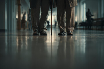 Elderly Couple in Hallway: Close-up of legs and shoes, walking stick support, reflective floor.
