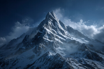 Obraz premium Majestic snow-covered mountain peak piercing the sky, a testament to nature's raw power and breathtaking beauty.