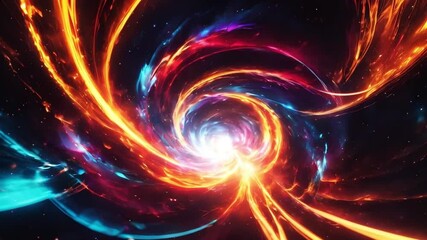 Create a vibrant cosmic vortex with swirling fiery colors blending into cool tones, spiraling towards a glowing center in a dark space backdrop - Powered by Adobe
