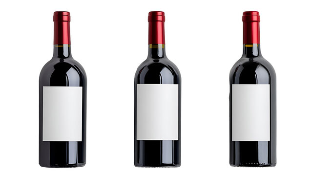 Three different shape red wine bottle with blank white label PNG