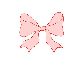 Whimsical coquette pink bow ribbon with red outline. Cute and elegant design element for Valentines Day, packaging, greeting cards, scrapbooking, feminine branding, and decorations. Vector art