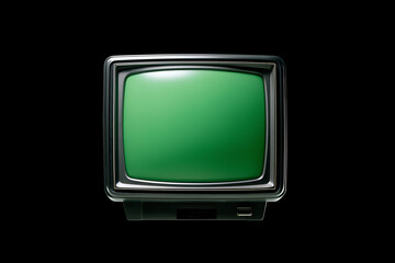 Vintage TV set isolated on a dark background, display a vibrant green screen