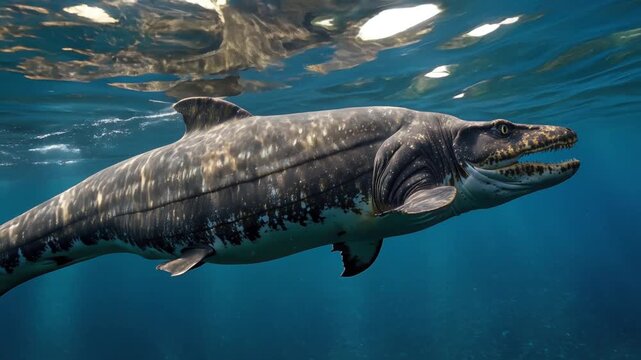 Prehistoric sea monster swimming underwater. AI.