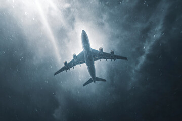 Naklejka premium Commercial airplane ascends through a heavy rainstorm, viewed from below, creating dramatic sky contrast.