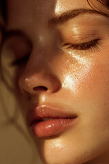 Naklejka premium Close-up of a woman's face with dewy skin illuminated by sunlight, highlighting natural beauty and radiance.