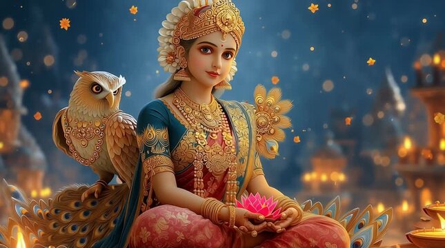 Goddess Lakshmi with her owl during the diwali festival