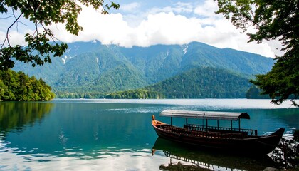 Fototapeta premium Wooden boat on a tranquil lake surrounded by mountains.