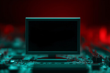 A computer monitor displayed on a computer motherboard with vibrant blue and red hues and it presents the world of technology. 