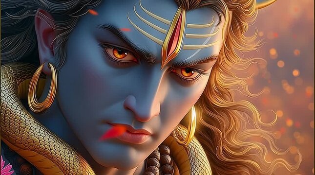 An intense portrait of the powerful Hindu god Lord Shiva