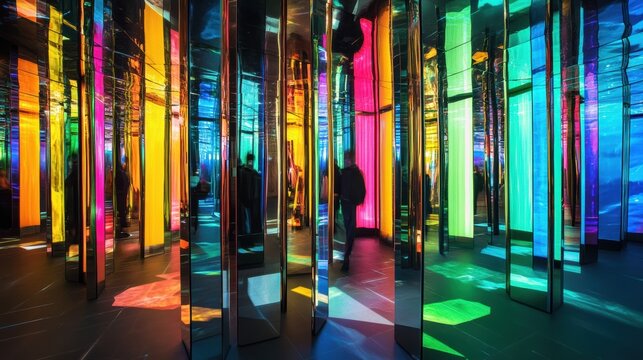 A vibrant maze of mirrored panels reflecting colorful lights, creating a surreal and immersive experience for visitors.