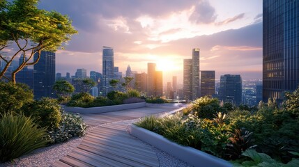 Fototapeta premium A vibrant urban rooftop garden showcases lush greenery and a stunning sunset view over a modern city skyline.