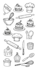 Collection of Hand Drawn Baking and Pastry Utensils and Desserts