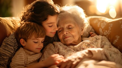 Family visit with grandchildren hugging grandmother in retirement home
