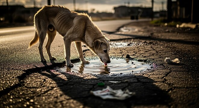 Stray dog drinking water puddle street animal welfare thirsty canine rescue help poor dog abandoned pet sad scene international homeless animal day