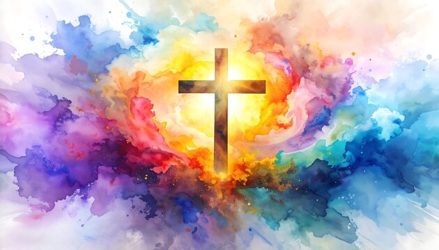 A vibrant abstract image of a cross set against a colorful cloud-like background