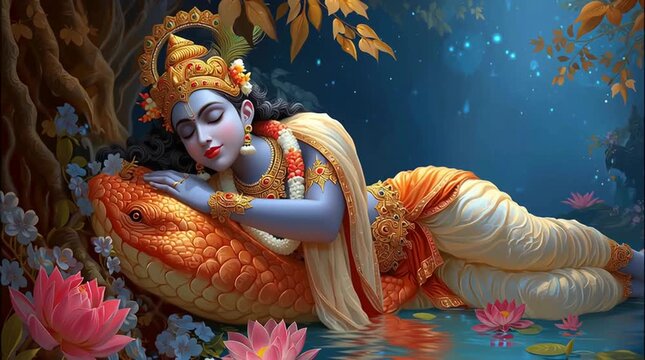 Lord Vishnu sleeping peacefully on the cosmic serpent Shesha Naga