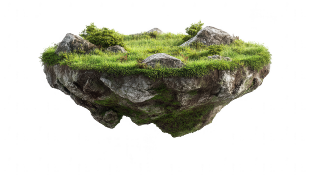 a floating island with green grass and rocks, isolated on a white background, png, transparent