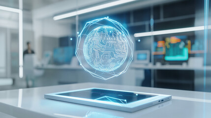 Futuristic holographic globe projection above tablet in advanced technology lab.