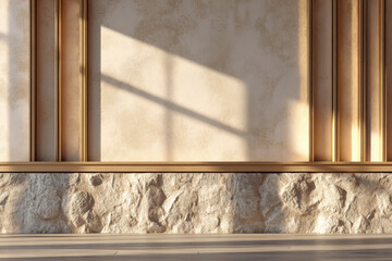 Textured wall with natural light, stone base, and wooden trim creates a warm, inviting interior space.