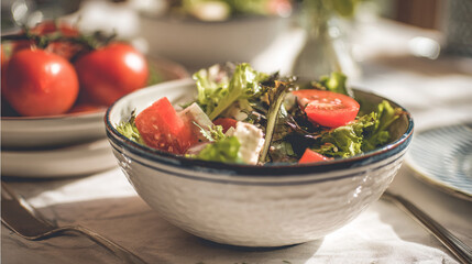 A bowl of salad with tomatoes and lettuce on a table with a plate of tomatoes in the background