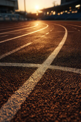 Track Surface: Textured athletic track with crisp white lane markers under warm golden sunlight.