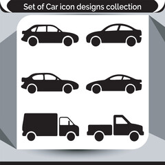 Variety of Car Icon Designs Showing Sedans Trucks and Sport Cars with Shadow Details Car Model and Brand Representation