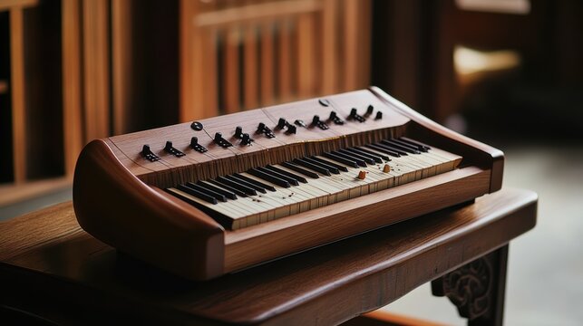 A beautifully crafted harmonium with wooden keys, resting on an elegant table, showcases traditional craftsmanship in a serene indoor setting.