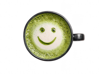 a cup with a green tea latte and a smiley face drawn in milk on a white background, png, transparent