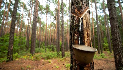 Resin extraction from pine tree in forest