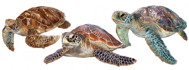 Three colorful sea turtles in different poses, png, transparent